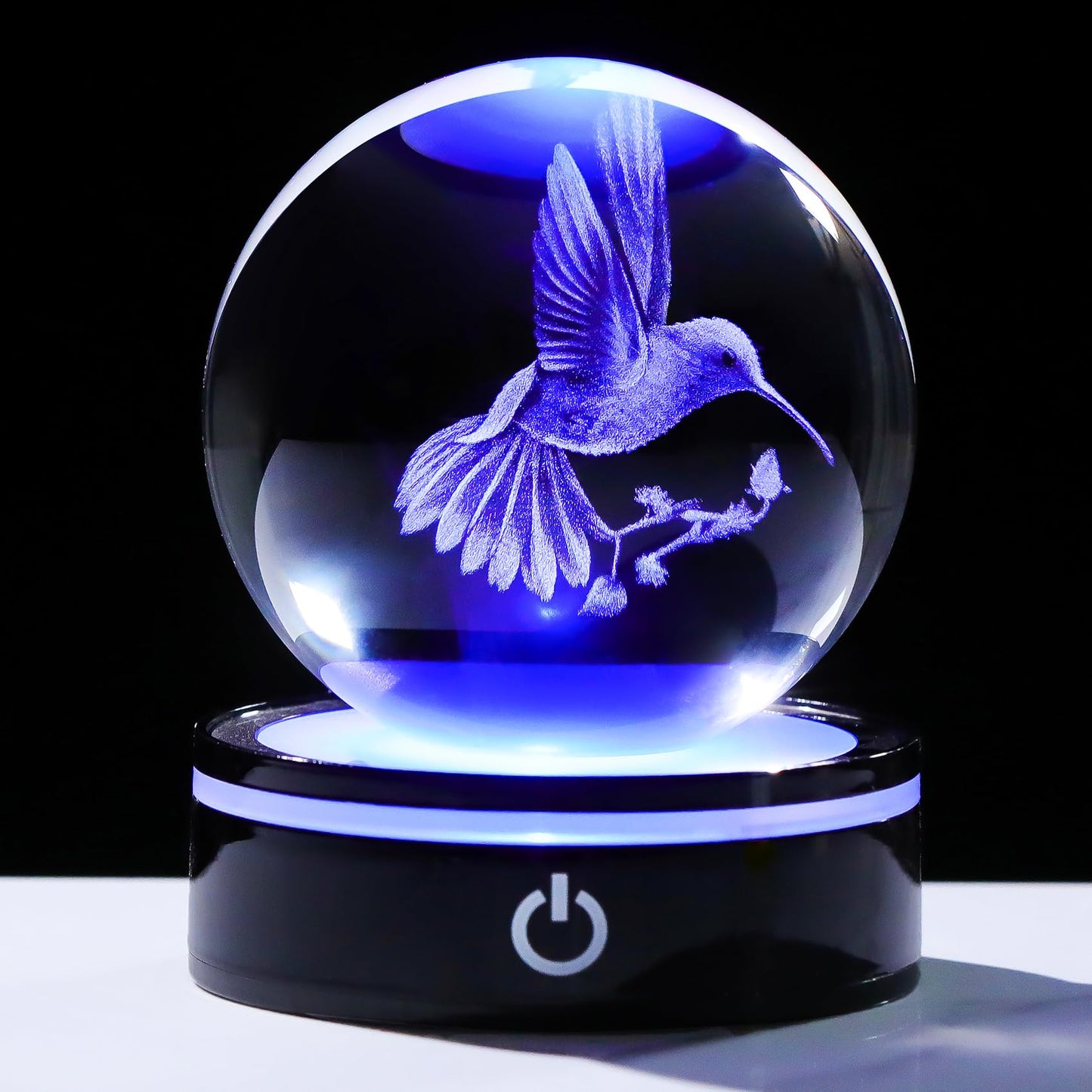 YWHL 3D Crystal Ball Hummingbird Figurine with LED Base, Hummingbird Gifts for Women Men on Christmas Birthday, Hummingbirds Ornament Glass Decorative Ball for Home Decor (80mm)