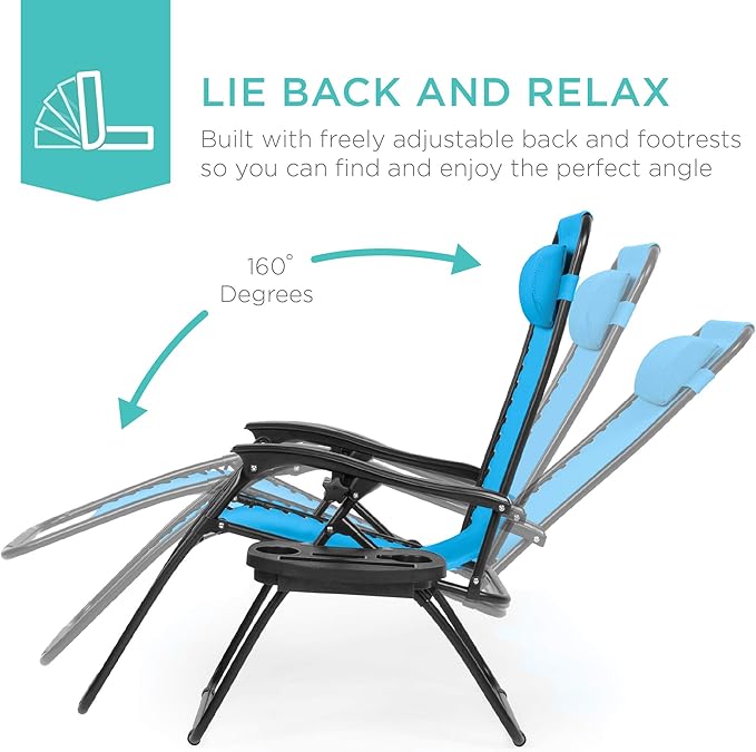 Best Choice Products Set of 2 Adjustable Steel Mesh Zero Gravity Lounge Chair Recliners w/Pillows and Cup Holder Trays - Light Blue