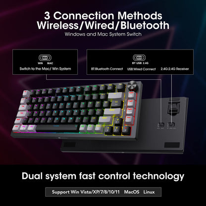 KOORUI Gaming Keyboards, 26 RGB Backlit Mechanical Keyboard Wireless/Wired Compatible Bluetooth 82 Keys Rechargeable 4000mAh Battery UK Layout Gamer Keyboards for Windows MacOS Linux (Blue Switch)