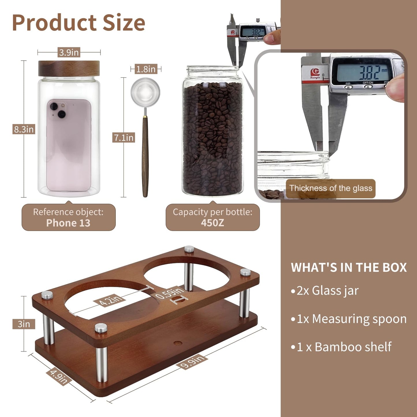 Venuekkuri Glass Coffee Grounds Container with Shelf, 2 × 45 oz Glass Coffee Canisters with Airtight Thread Lid, Storage Jars with Stainless Steel Spoon for Coffee Bean, Sugar,Nut