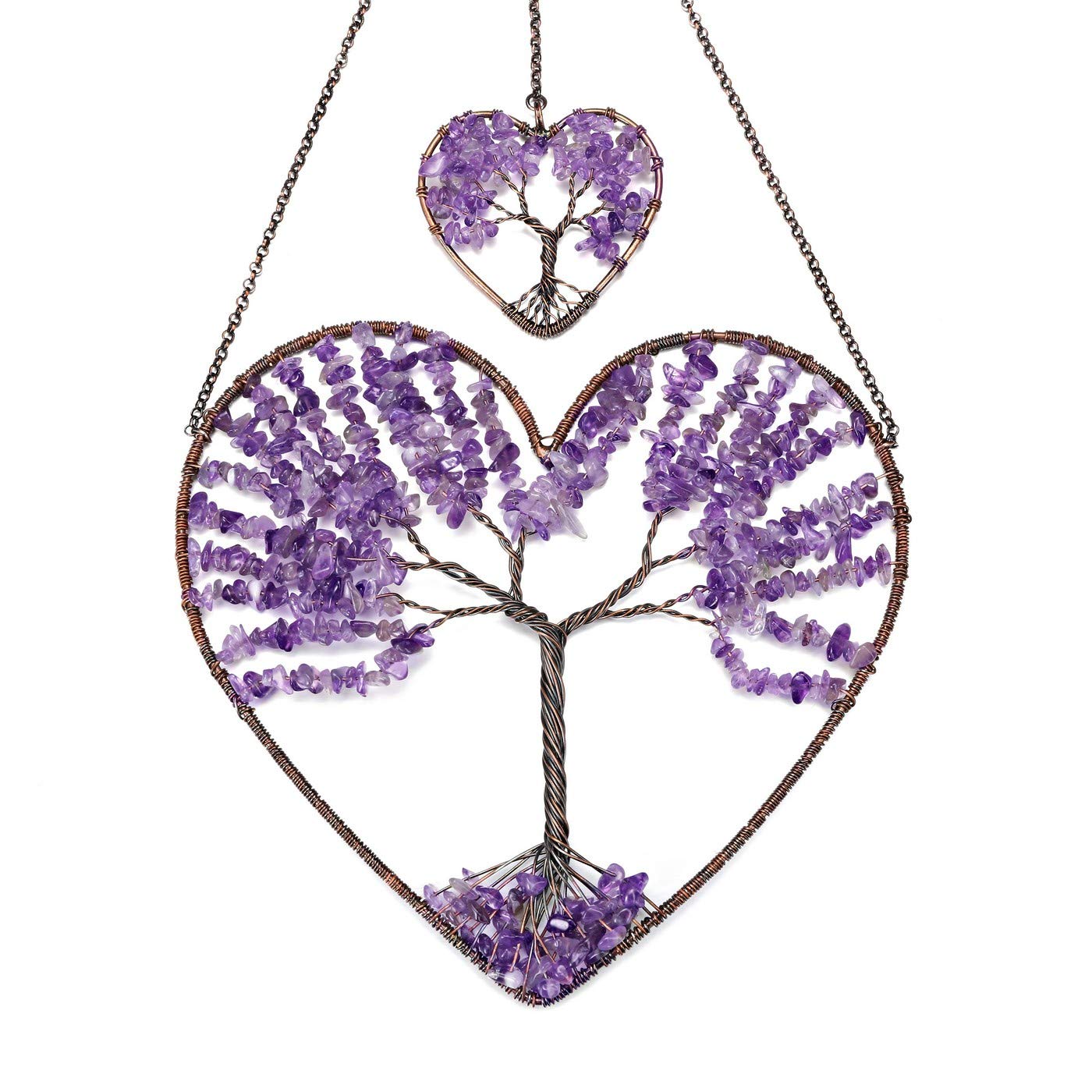 PESOENTH Amethyst Heart Life Tree Dream Catcher Hanging Ornament Bohemian Purple Double Hearts Life Tree Wall Art Window Car Hanging Decorations for Home Bedroom Decor
