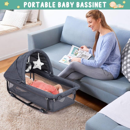 5 in 1 Pack and Play Bedside Sleeper with Bassinet, Diaper Changer & Hanging Toy, Portable Crib Nursery Center for Newborns to Toddlers, Grey