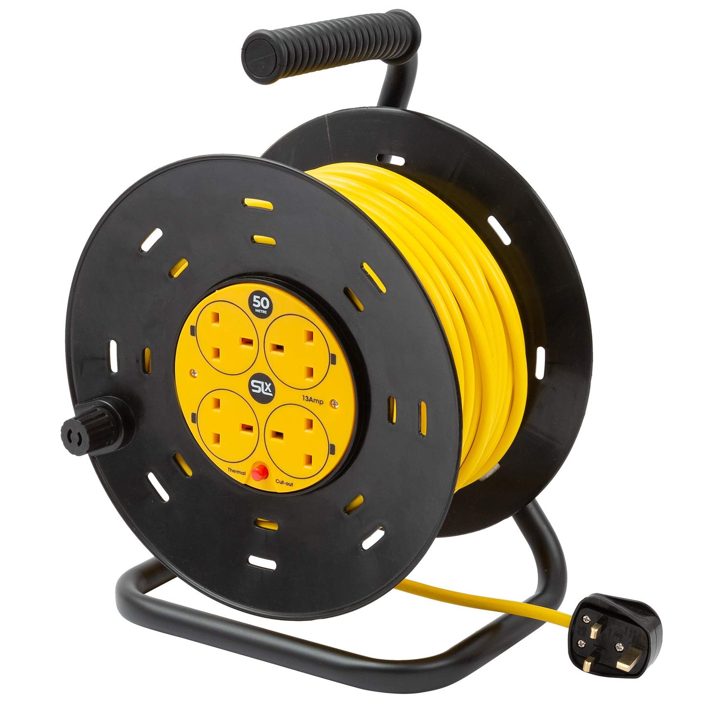 SLx Outdoor Extension Lead, 50m, 4 Socket Extension Reel, Heavy Duty Extension Cable, Thermal Cut Out, Extension Lead for Garden lawn mower Office, 13A Fused UK Plug