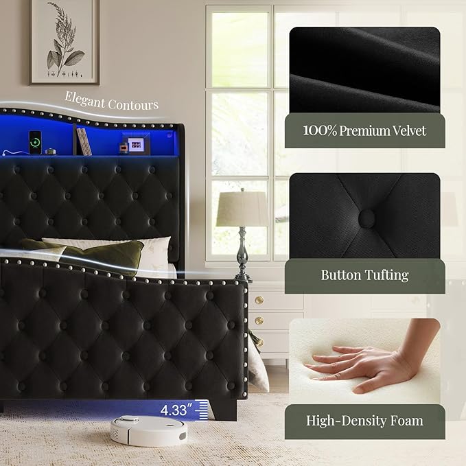 Belffin Queen Size Bed Frame and Headboard, 50.9" Velvet Upholstered Wingback