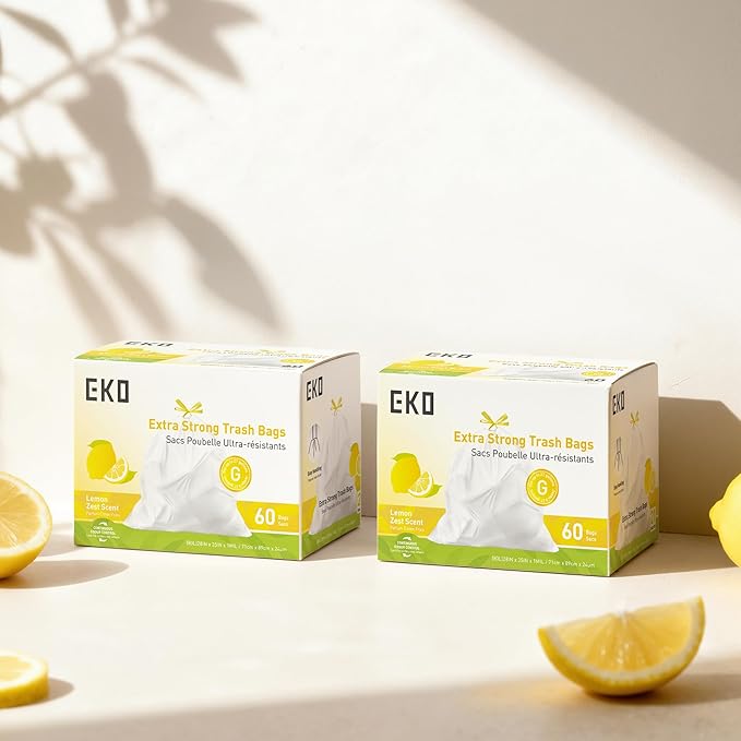 EKO 21 Gallon / 50-90 Liter, Extra-Strong Garbage Bags, Lemon Zest Scent