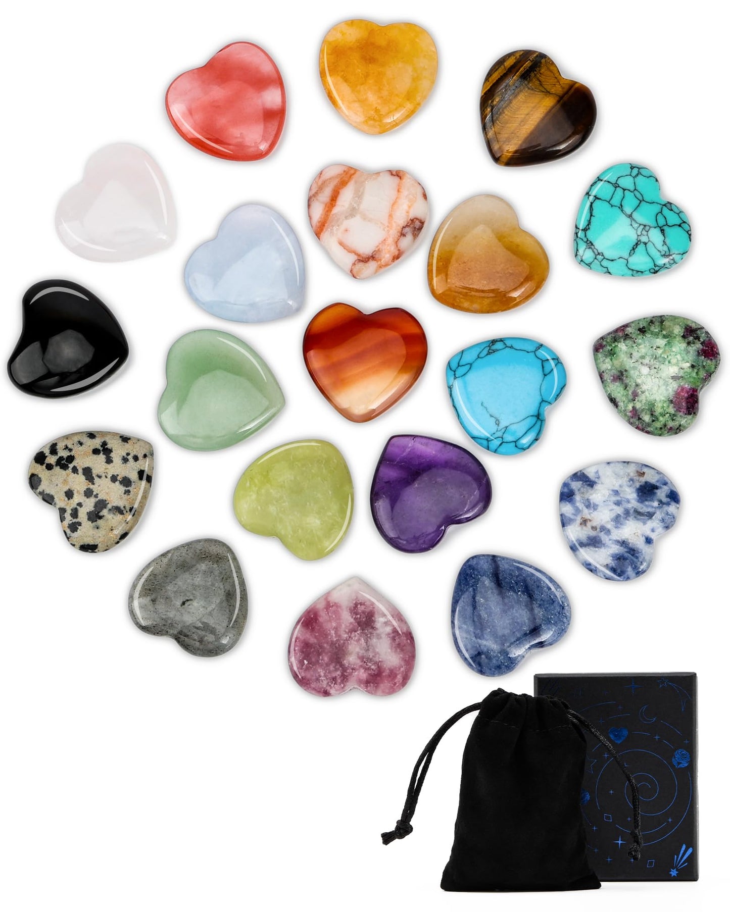 lulir 24 Pcs Natural Heart Crystals Healing Stones Set - 0.8" Pocket Reiki Gemstones for Meditation, Mini Heart Shaped Worry Stones for Anxiety, Chakra Energy Stone Bulk, Valentine's Day Gift