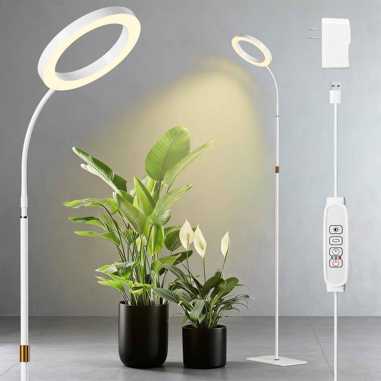 LPMZMBL One Head Grow Light for Indoor Plants Full Spectrum - Floor Standing Plant Lamp with Auto Timer 6/12/18H, 5-Level Dimmable & Adjustable Height 16.5-68in for Large Tall Plants | White