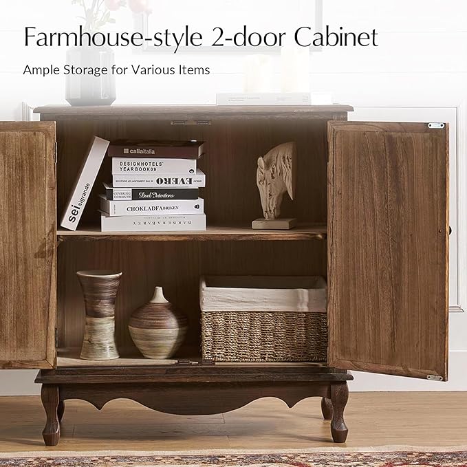 Solid Wood Sideboard with Adjustable Feet, 2 Shelves Storage Accent Cabinet