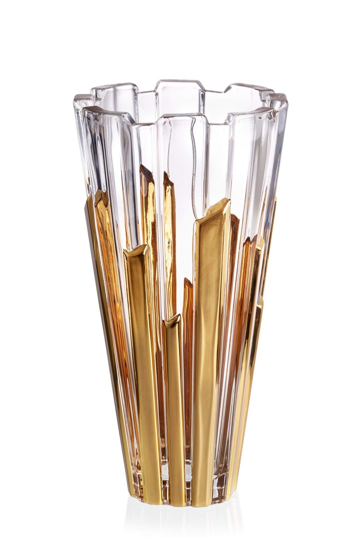 Bohemian Made Design Luxurious Decorative Tabletop Piano Golden Stripe Crystal Glass Flower vase, 12" Height, Precious Wedding Home Decoration Gift