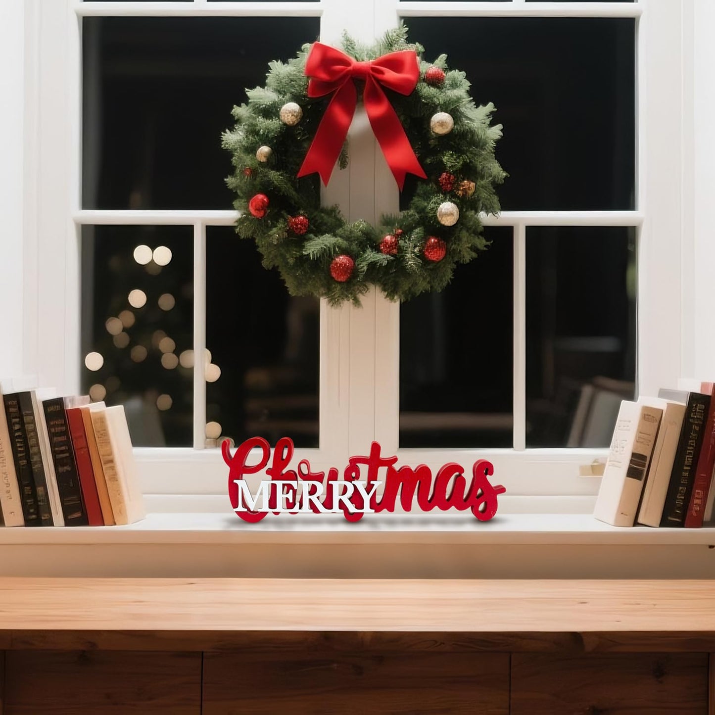 Christmas Centerpieces for Table - Wooden Merry Christmas Sign with Red & White Accents, Festive Tabletop and Mantel Decor for Dining Room, Shelf, Tray, Dinner Party Centerpiece