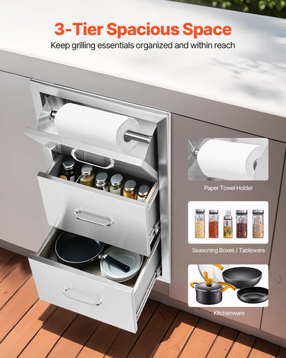 VEVOR Outdoor Kitchen Drawers 17W x 30H x 21D Inch, Outdoor Kitchen Cabinets, Stainless Steel Double Access Drawers, with Paper Towel Holder, Combo for BBQ Island Drawers or Grill Station