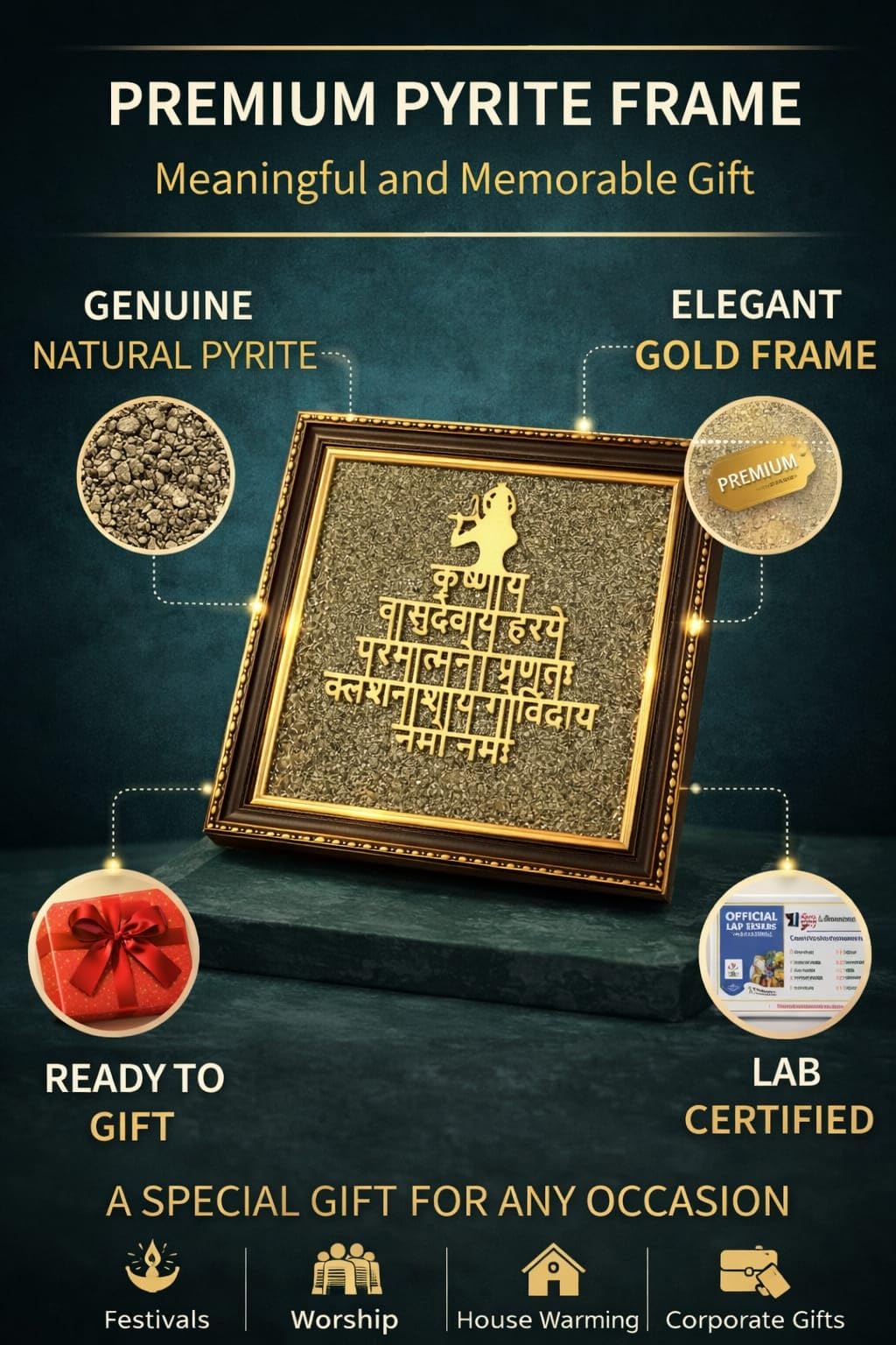 Pyrite Krishna Mantra Dust Plate Frame for Wealth, Success and Abundance Wall Decor Items for Living Room Wooden Photo Frame with Original Peru Pyrite Dust for Money Success (Krishnavasu) 19 cm