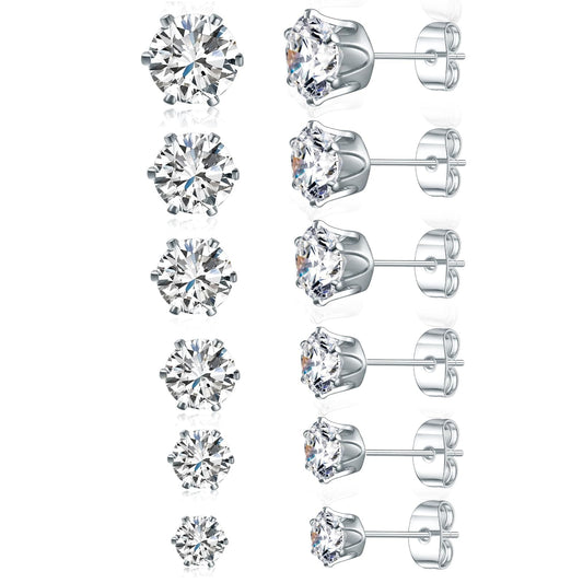 Gemsme 6 Pairs Cubic Zirconia Stud Earrings for Women/Men - 3-8mm Round Cut 6 Prong Settings 18K Gold Plated Hypoallergenic Earrings Set -White Gold
