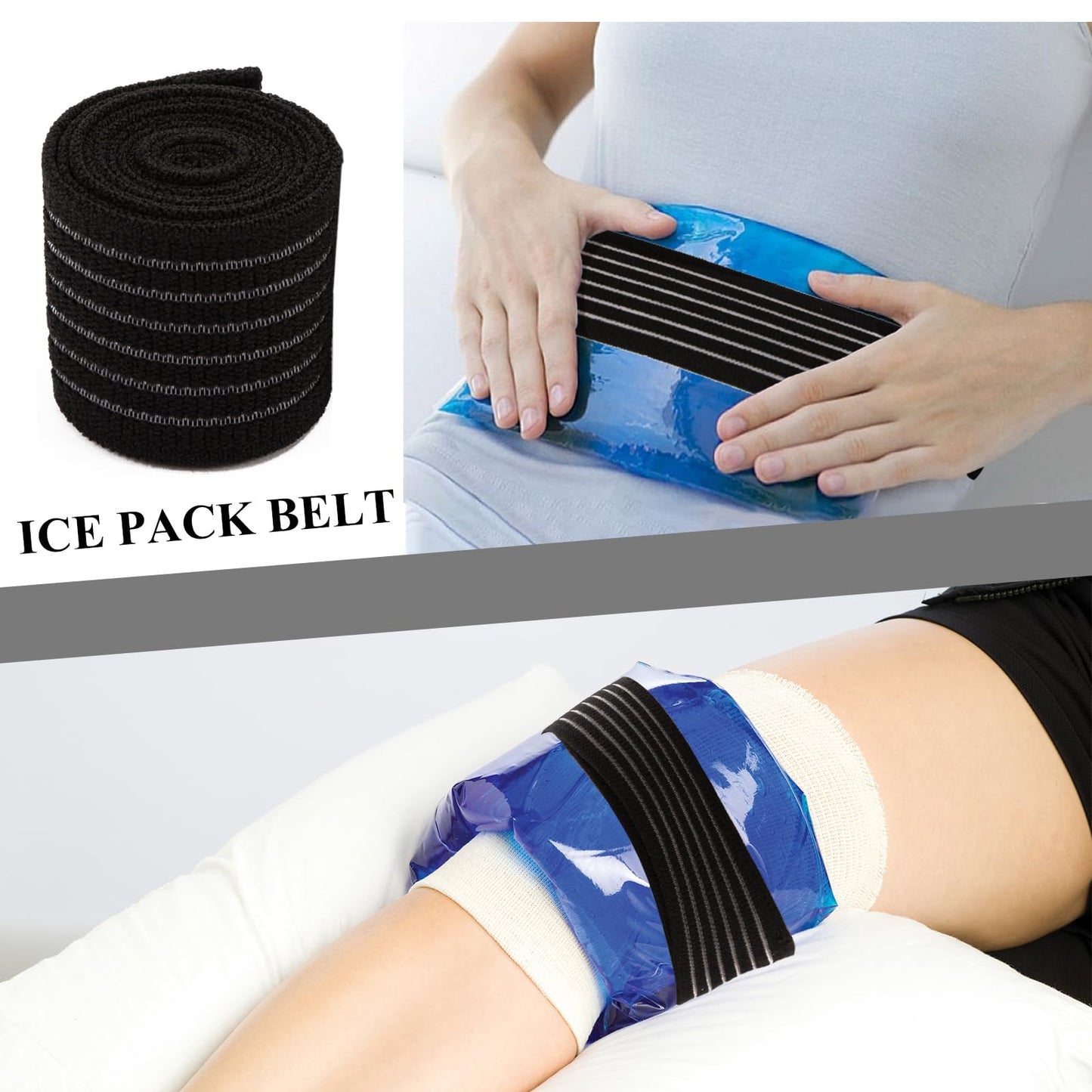 4-Pack Elastic Ice Pack Straps with Hook & Loop, 35.5"x2" Reusable Fastening Bands for Cold/Hot Therapy, Comes with Adjustable Extension Straps,Reusable Ice Belt Extender (Black)