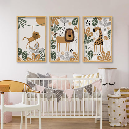 comurdyo Kids Cute Animal Wall Art Set of 3 Framed Safari Prints Cartoon Lion Monkey Giraffe Sign 16×11 Inch for Baby Room Toddler Nursery Children's Room Boho Rustic Wood Framed Hanging Decor (Wood)