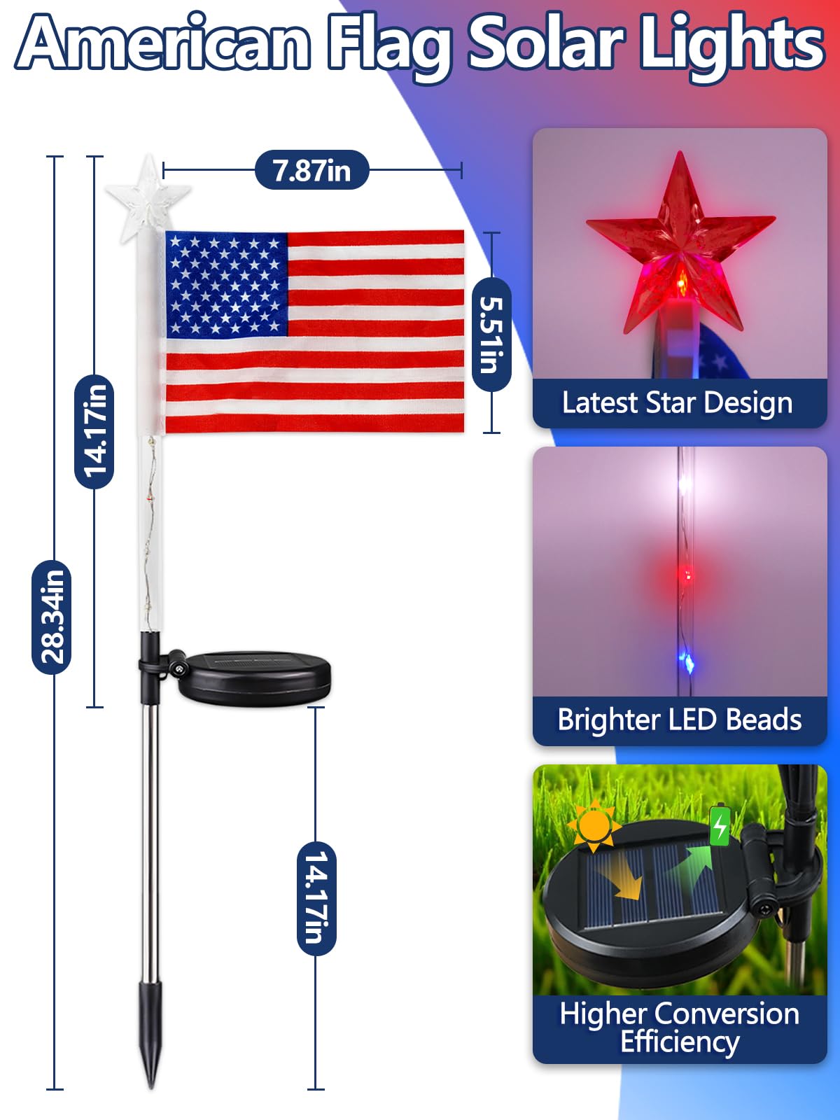 8 Pack American Flag Solar Lights Outdoor, 4th of July Decorations Red White and Blue Star Lights, 2 Modes Waterproof Solar Patriotic Lights for 250th Anniversary Independence Memorial Day Garden Yard