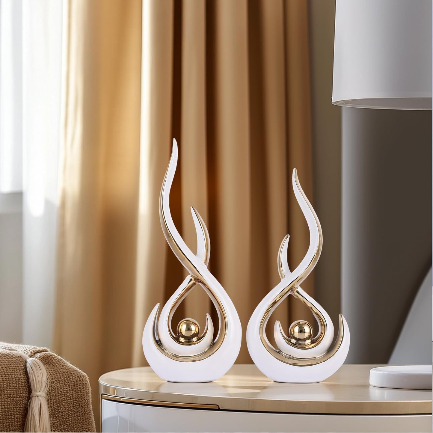 Ceramic Abstract 2 Piece Statue Set, White and Gold Home Decor Accents for Home Decor Statue Mantel Shelf Decor Unique Shelf Decor on Mantel, TV Cabinet Divider Table Top and Dining Table Centerpiece.