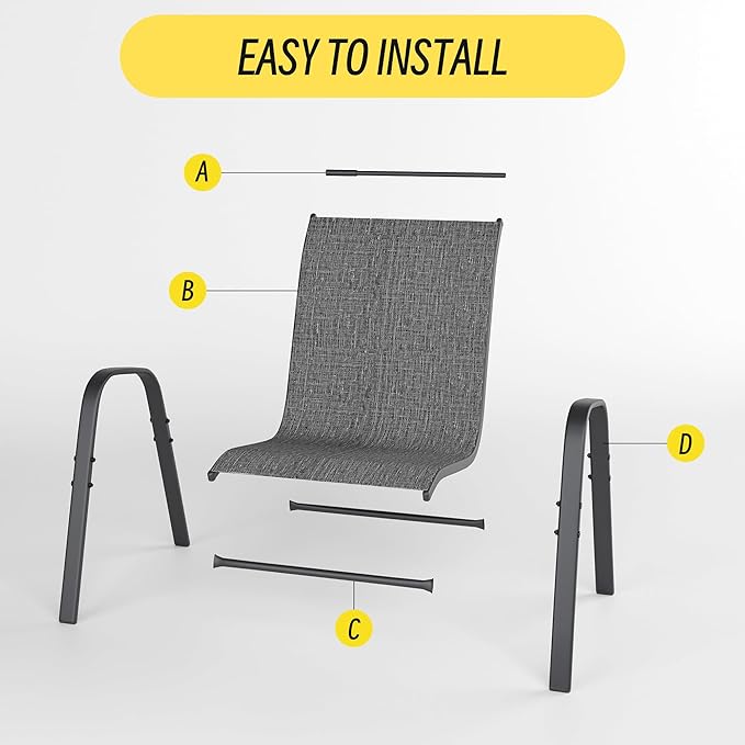 Betterhood Patio Chairs Set of 4, Stackable Outdoor Dining Chairs Set with Breathable Seat Fabric, All-Weather Powder-Coated Metal Frame for Deck, Pool Side and Backyard, 350LBS Capacity (Grey)