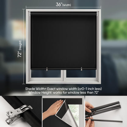 2Pack Blackout Roller Window Shades, Cordless Roller Shades, No Tools No Drill Pull Down Room Darkening Window Shades, Blackout Blinds for Bedroom Windows Home and Office (36''W x 72''H, Black)