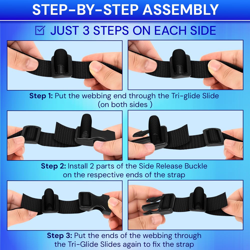TECEUM Buckles & Strap Kit – 1" Black Nylon Webbing 6 (yd) – 6 Heavy Duty Adjustable Plastic Buckles – 12 Tri-Glide Slide Clips – 6 Metal D-Ring – Ideal Straps for Arts Crafts Outdoors Indoors DIY