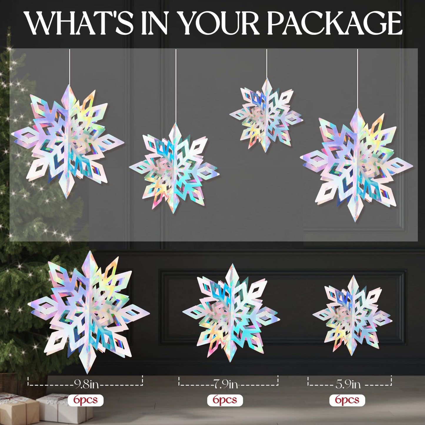 18pcs Hanging Snowflakes Decorations, 3D Iridescent Large Snowflakes Ornaments Hanging Snow Flakes from Ceiling for Christmas Winter Wonderland Indoor Home New Year Frozen Birthday Party Decorations