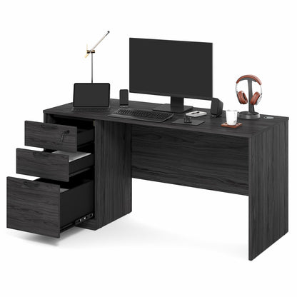 Furinno Roger 60 Inch Executive Desk with File Cabinet, Home Office Desk with 3-Drawer Fixed Pedestal Filing Cabinet, Desk Cord Grommet, for Home Office, Antique Grey