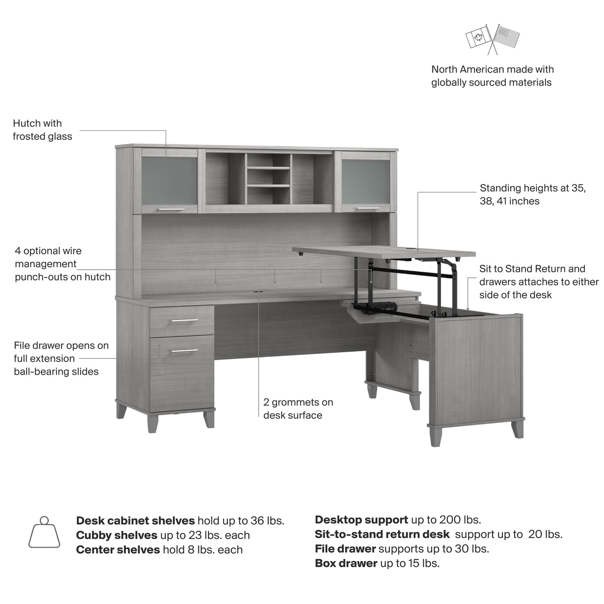 Bush Home 72-Inch L-Shaped Sit to Stand Desk with Hutch, Adjustable Height Standing Corner Computer Desk with Drawers, Shelves and Storage Cabinet, Home Office, Somerset Collection, Platinum Gray
