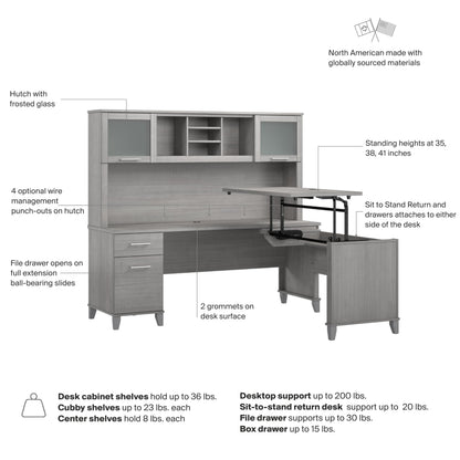 Bush Home 72-Inch L-Shaped Sit to Stand Desk with Hutch, Adjustable Height Standing Corner Computer Desk with Drawers, Shelves and Storage Cabinet, Home Office, Somerset Collection, Platinum Gray