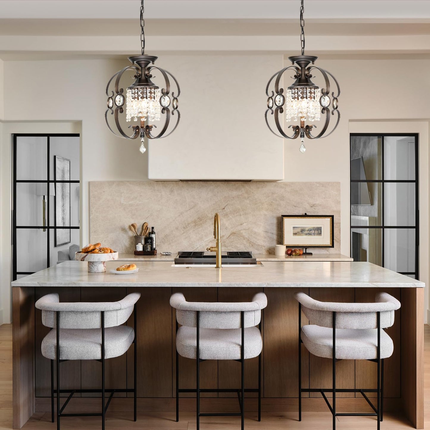 Leyodnpe Bronze Crystal Chandeliers for Dining Room, 3-Light 14 Inch Flush Mount Ceiling Light Fixture,Vintage Hanging Pendant Lighting for Kitchen Island,Living Rooms, Foyer