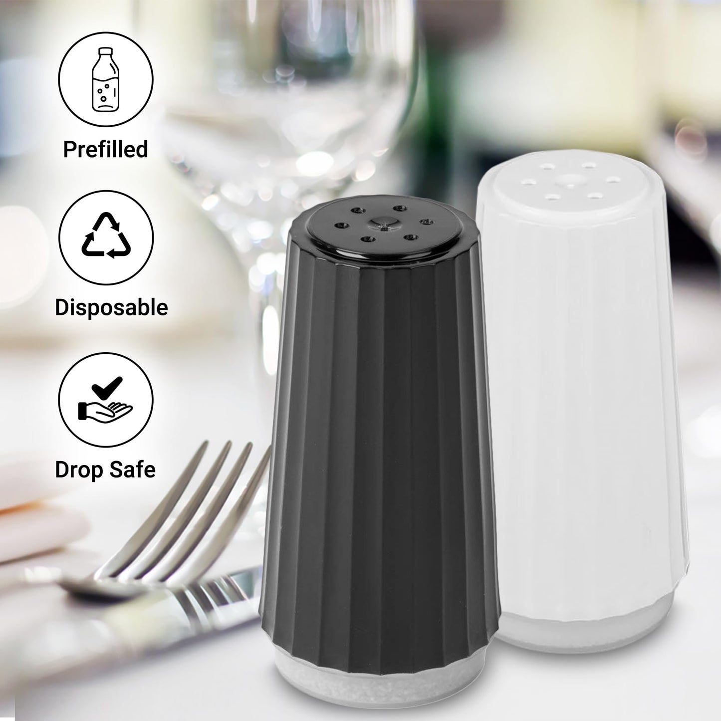 Disposable Salt and Pepper Shakers by Global Basics (24)- Plastic Shaker Sets for Parties, Restaurants, Picnics, Cookouts - Prefilled Salt and Pepper Shakers with 4oz. Salt, 1.5oz. Pepper - 24-Pack
