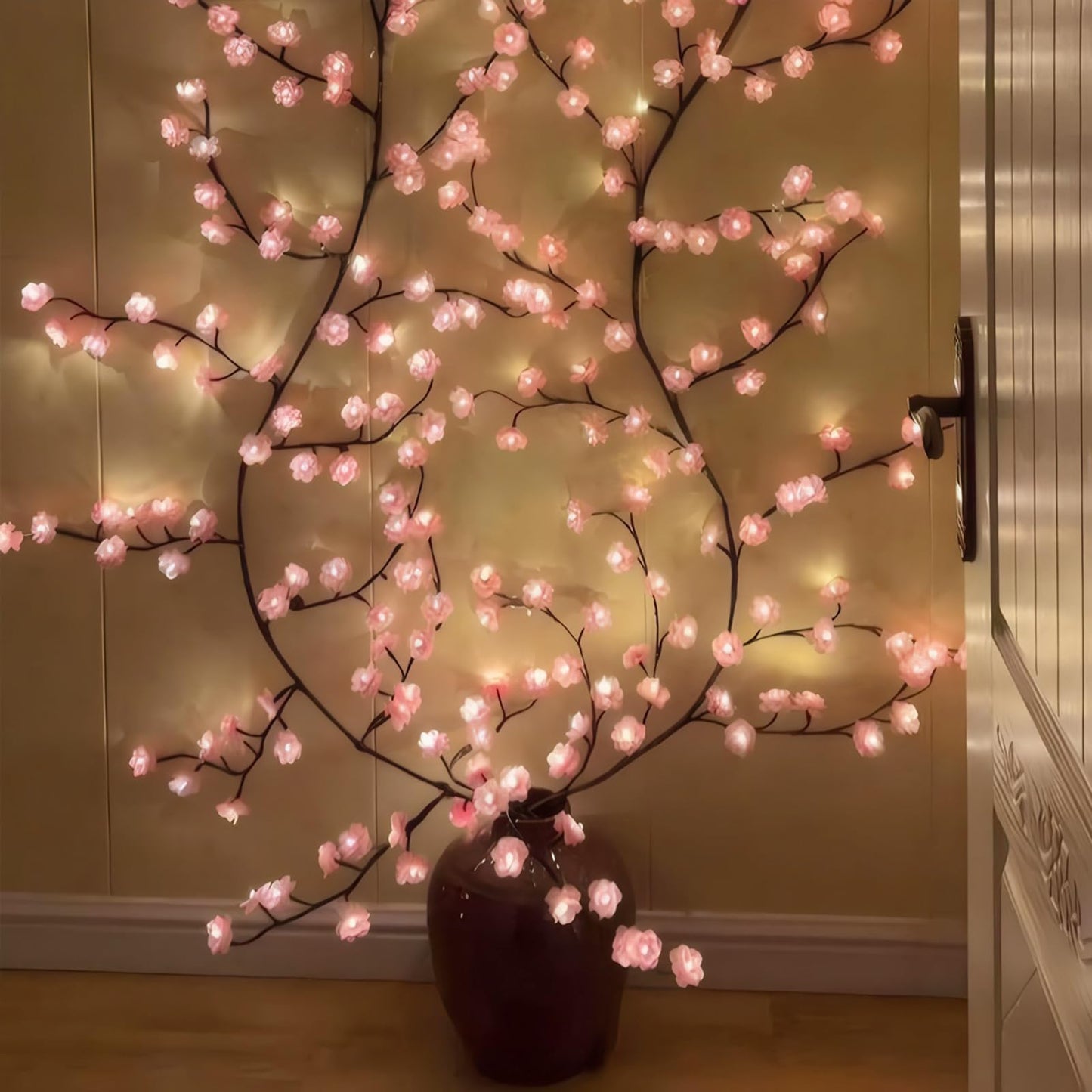 Cherry Blossom Tree Branch Lights for Wall,Cherry Enchanted Willow Vine Lights,with 144 LED and 8 Lighting Modes,Remote Timer,for Bedroom Wall Doors Windows Wedding Christmas Holiday (90inch)