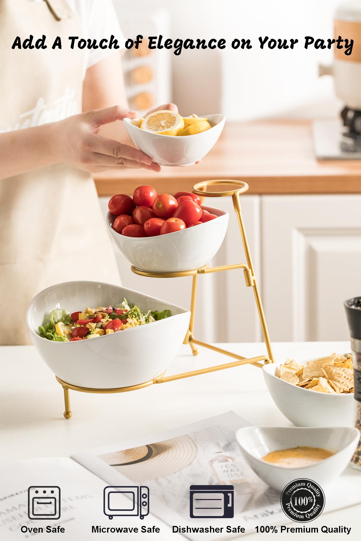 LAUCHUH 3 Tier Serving Stand Serving Dishes for Entertaining Porcelain Oval Bowl Set Tiered Serving Tray for Fruit, Vegetable, Nuts, Salad, Chip Dip Bowl Set for Father's Day, Gold