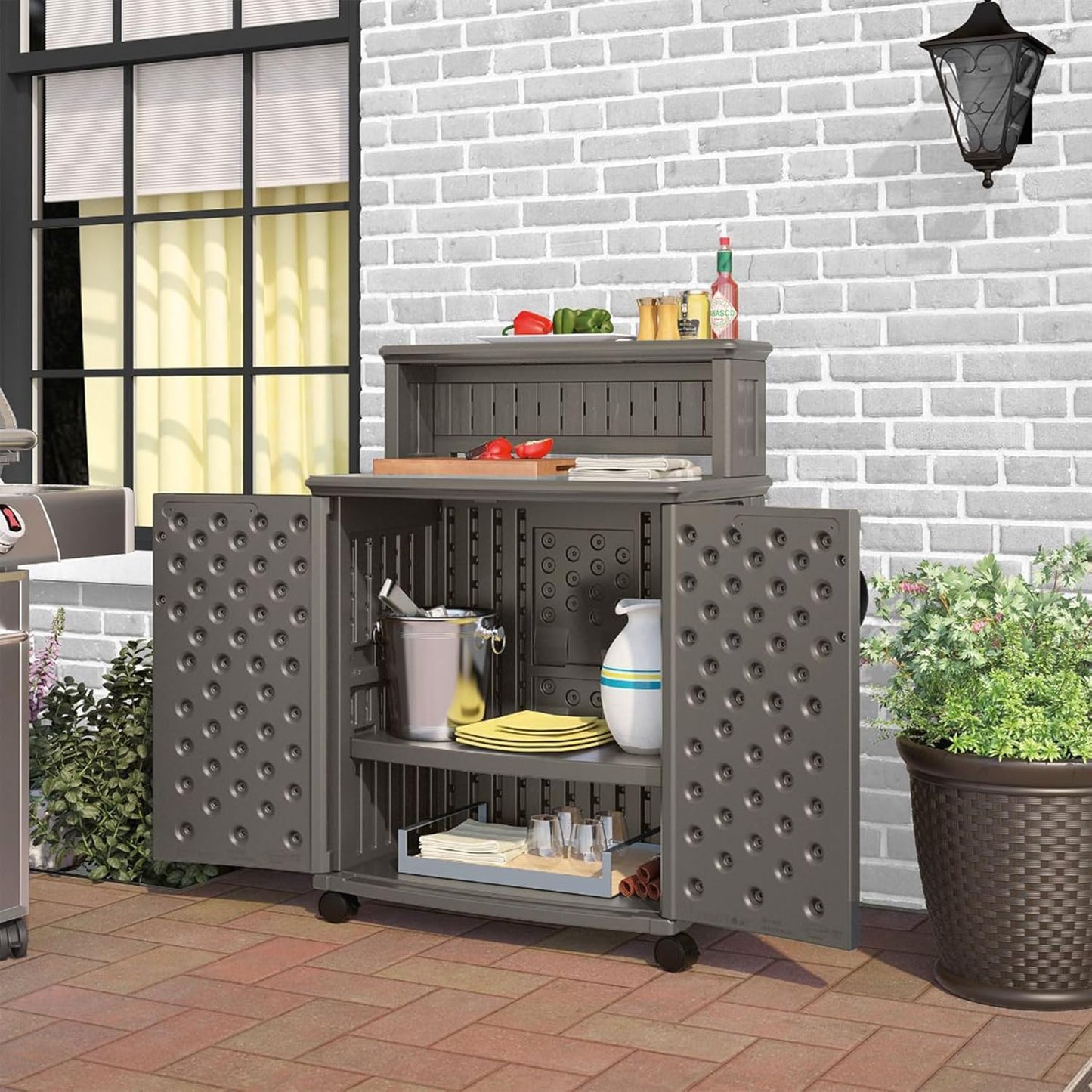 Suncast Patio Plastic Storage and Prep Station with Decorative Wicker Pattern and Multi Wall Panels for Patio, Garden, and Lawn Use, Stoney Gray