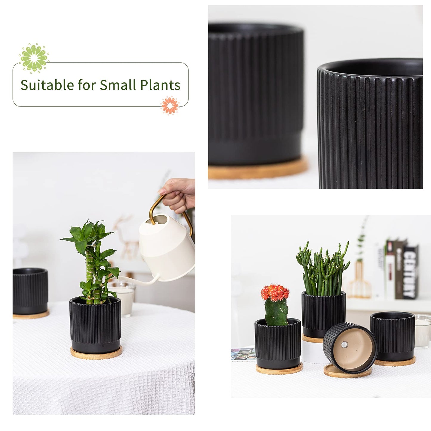 AOMRYOM 4.25 Inch Small Garden Ceramic Plant Pots with Drainage Holes and Tray, Modern Flower Planter Pots for Indoor Plants, Succulent, Cactus and Herbs, Black Stripe, Set of 4 (Plant Not Included)