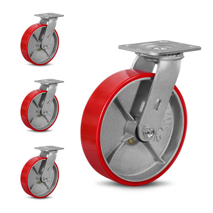 LONGRUNFORU 8" X 2" Industrial Plate Swivel Caster Set of 4 Heavy Duty,Load Capacity 6000lbs, No Noise Polyurethane Caster on Steel Hub for Toolbox Workbench