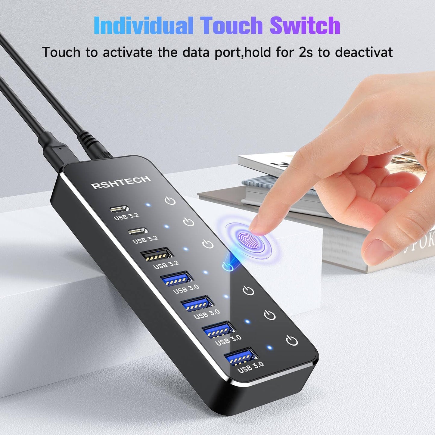 RSHTECH Powered USB Hub 3.1/3.2 Gen2, 7-Port USBC Hub with 4 USB 3.0, 10Gbps USB-A & 2 USB-C Data Ports, Aluminum USB3.2 Splitter for Laptops, PC and More (Upgraded Version, RSH-ST07C)