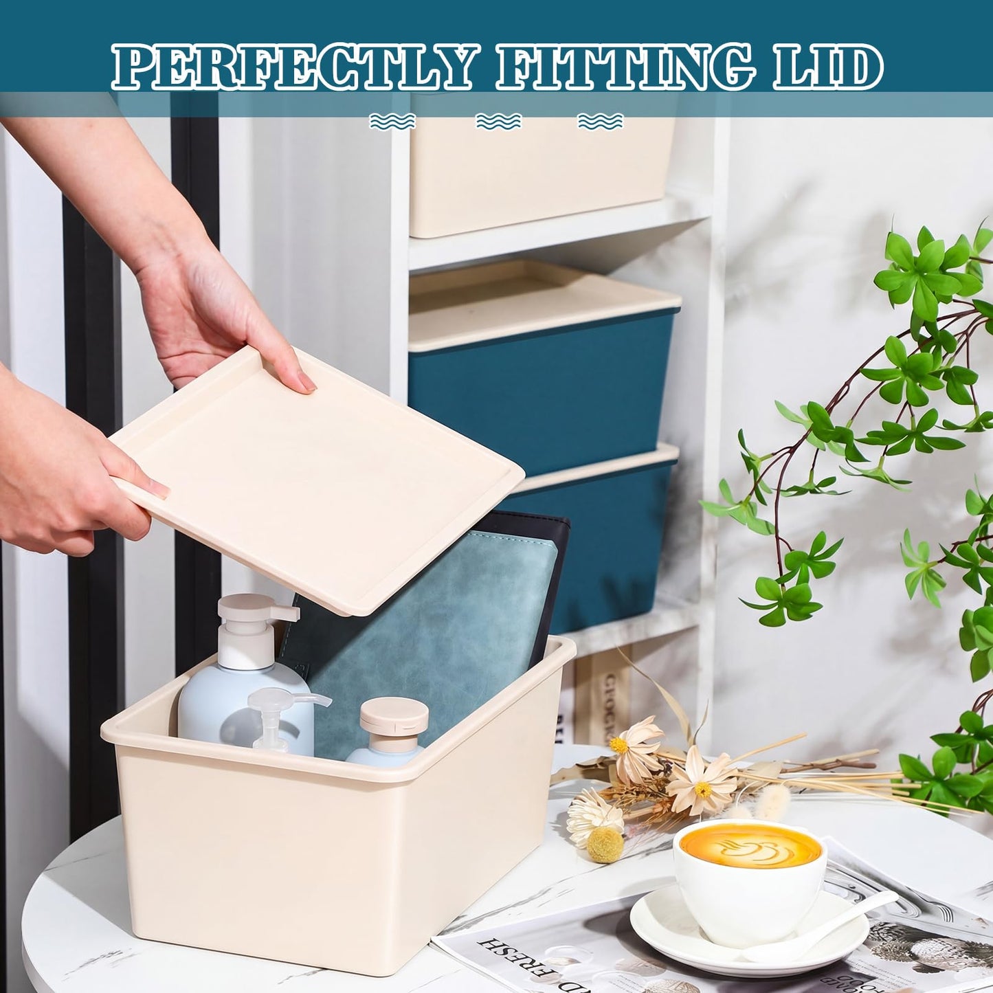 Menkxi 4 Pcs Storage Bins with Lids Plastic Stackable Containers for Organizing Shelves Christmas Ornament Box Baskets(Beige, Blue,Small)