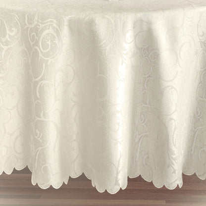 Newbridge Christmas Holiday Portofino Scalloped Damask Fabric Tablecloth, 60 x 144 Inch Rectangle, Ivory, Wrinkle and Stain Resistant Fine Dining Holiday Party Table Cover