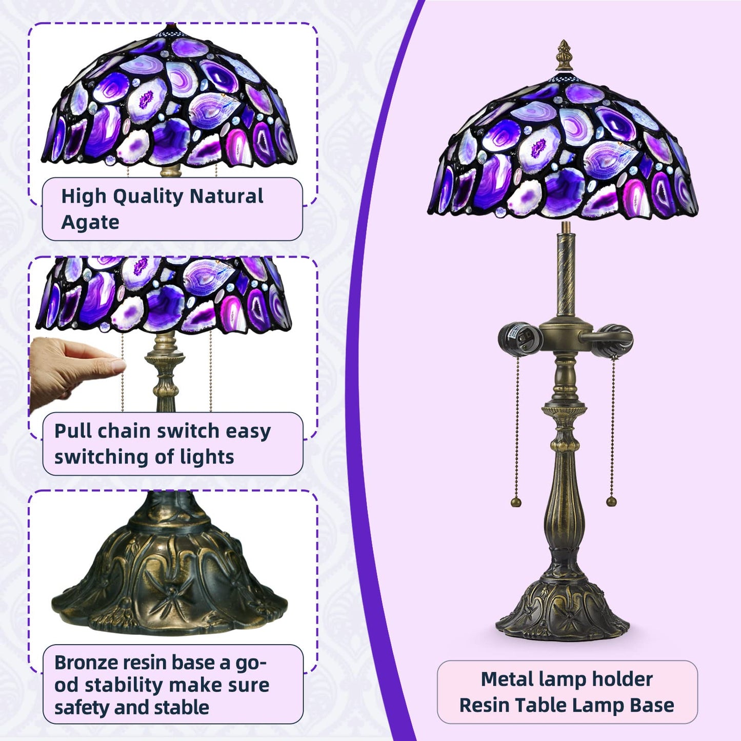 Nizrsky Tiffany Style Table Lamp, Agate Slice Stained Glass Lamp 12X12X19 Inches Tiffany Lamp Bedside Nightstand Desk Reading Light Decor Bedroom Living Room Home Office(LED Bulb Included) (Purple)