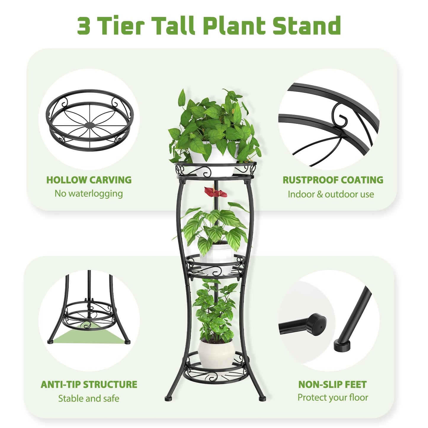 iDavosic.ly 3 Tier Tall Metal Plant Stand Indoor Outdoor, Wrought Iron Corner Flower Pot Holder Shelf, 34 Inch Vertical Display Rack for Patio Porch Living Room Garden, Black