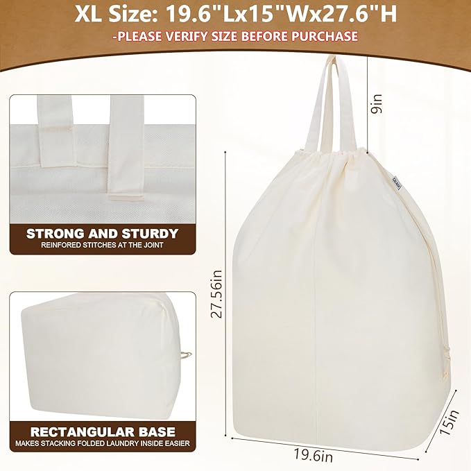 Canvas Laundry Bags with Handles & Rectangular Base, 90L Extra Large Heavy Duty
