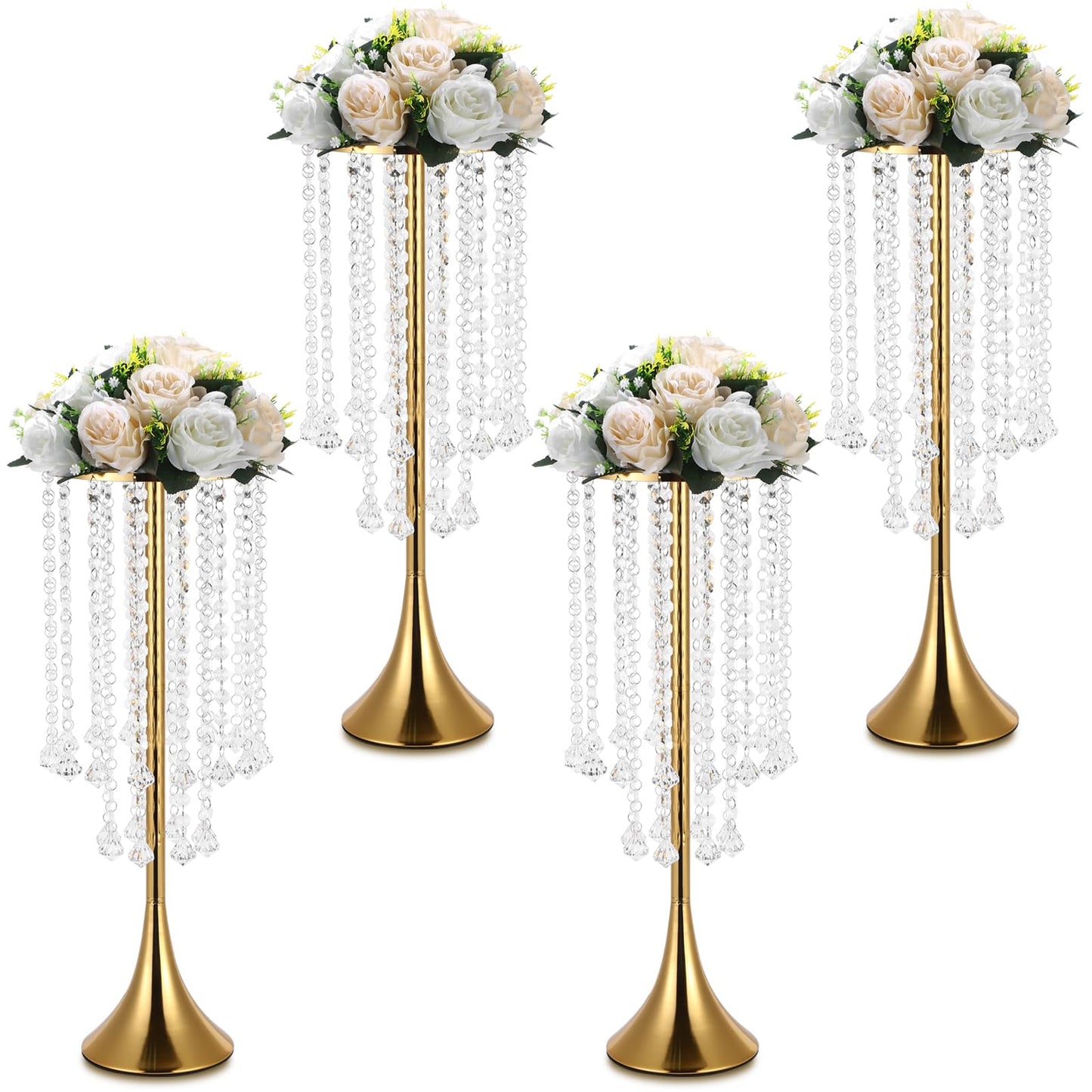 4 Pcs Gold Centerpieces for Table, Rozrety Wedding Centerpiece Vases for Tables 22inch Tall Metal Crystal Flower Stand for Party Event Wedding Anniversary Dinner Home Decorations