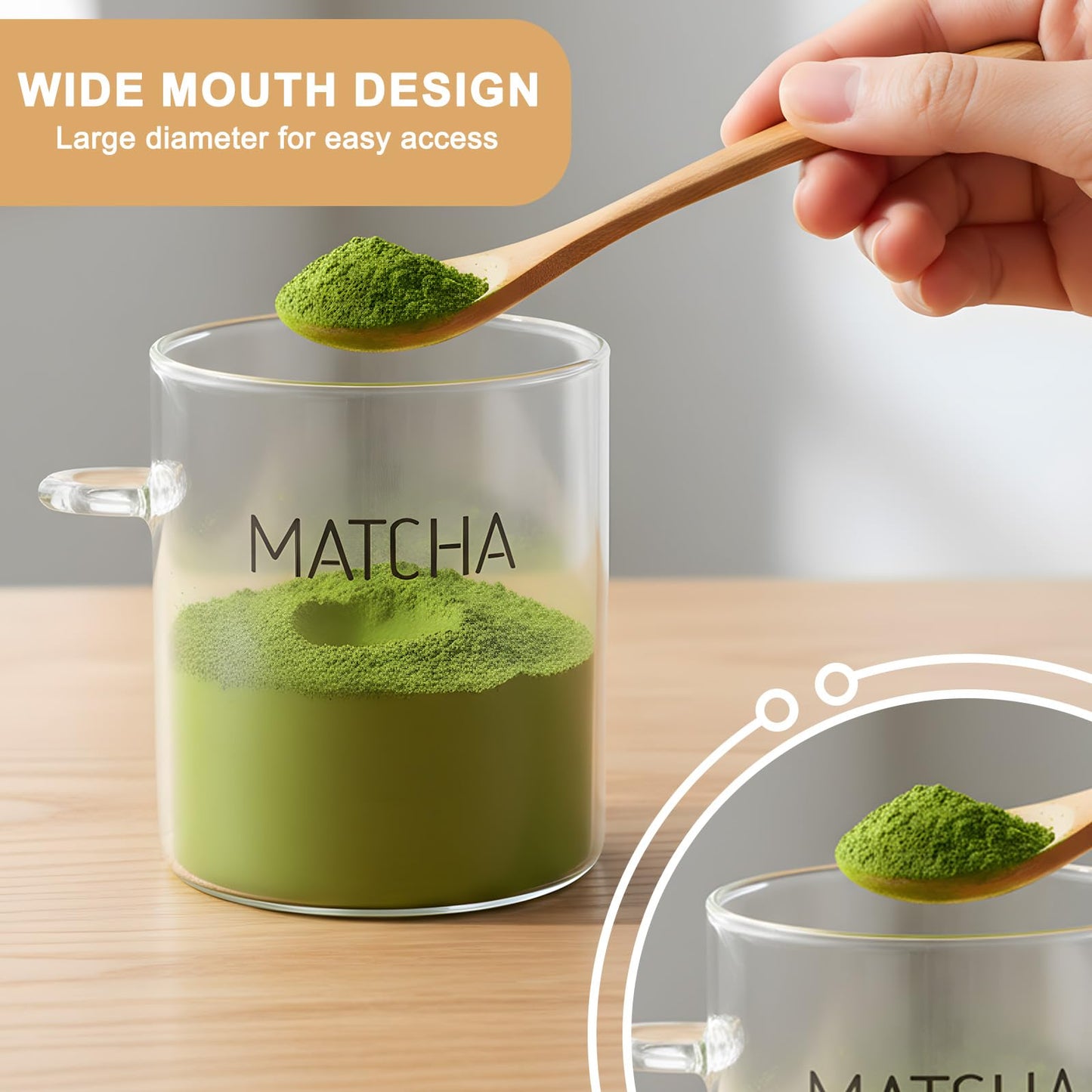 Suclain 17 oz Matcha Glass Container with Airtight Lid Matcha Powder Storage Canister with Wooden Spoon Clear Food Jar for Sugar Coffee Beans Bath Salt Storage Overnight Oats