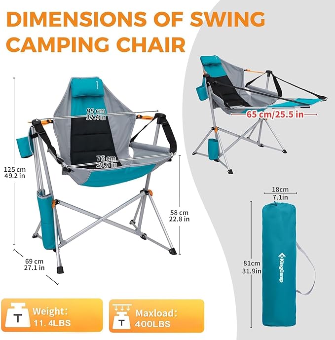 KingCamp Hammock Chair with Footrest – Heavy Duty Swinging Rocking Camping Chairs for Adults up to 400lbs, Folding Portable Oversized Rocker with Cup Holder & Pillow for Outdoor Beach Lawn RV Sports