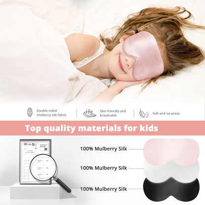 Kids Sleep Mask Eye Cover, 100% Real Natural Pure Silk Eye Mask with Adjustable Strap, Blindfold Kids Eye Mask for Sleeping, Eye Shade for Boys Girls and Adult, Pressure-Free Comfort (Black)