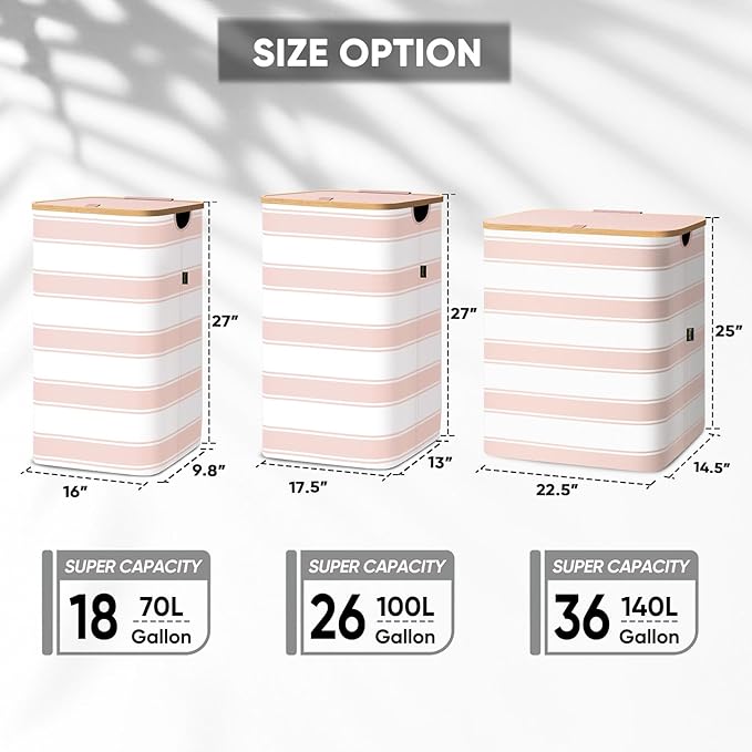 BALEINE Laundry Hamper with Lid, Tall Laundry Baskets with Bamboo Pull Handles