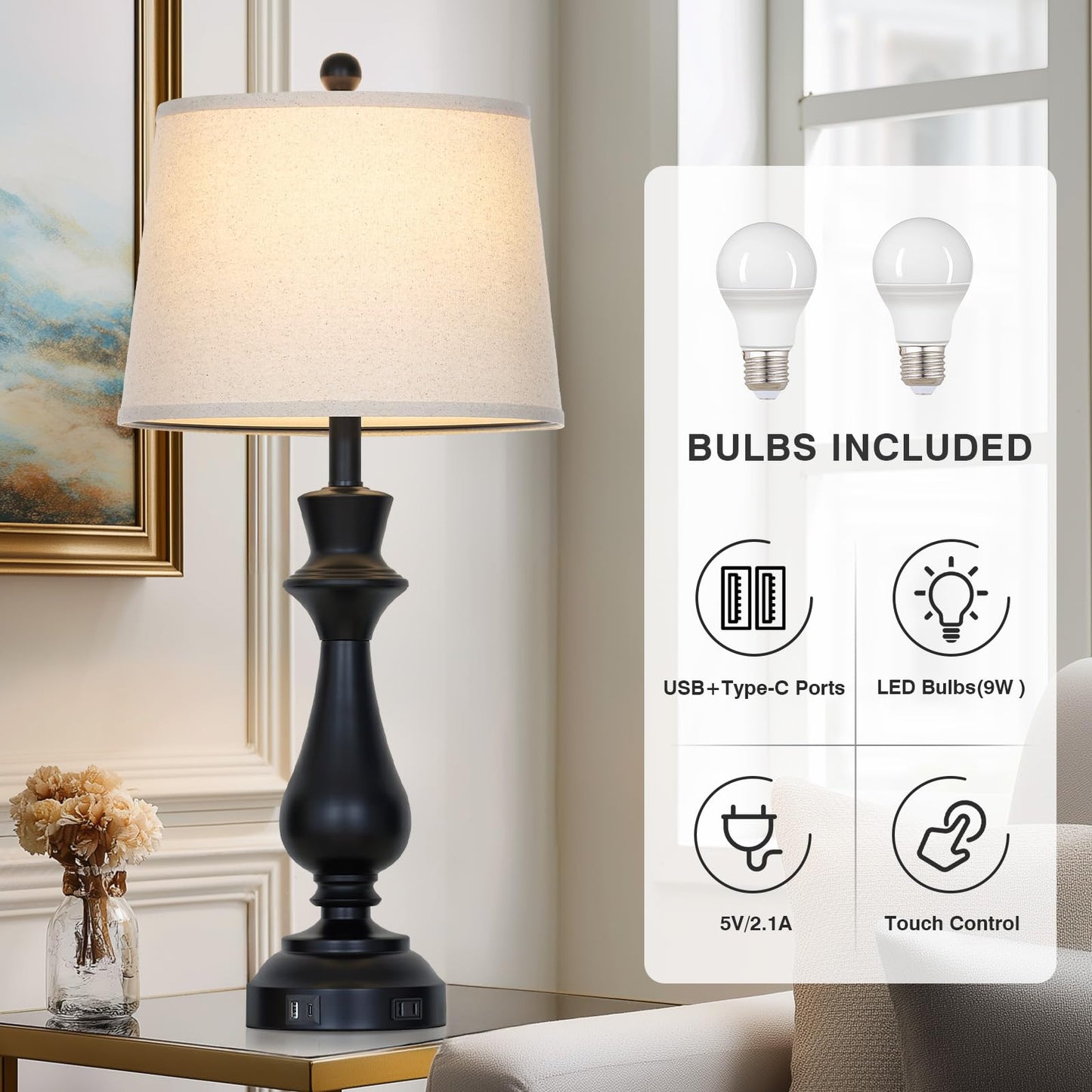 luxeflow Modern Black Table Lamp for Living Room,30" Tall Bedside Lamp with USB Charging Port,3-Way Dimmable Touch Nightstand Lamp for Bedroom Desk Side Table Office,Black-1P