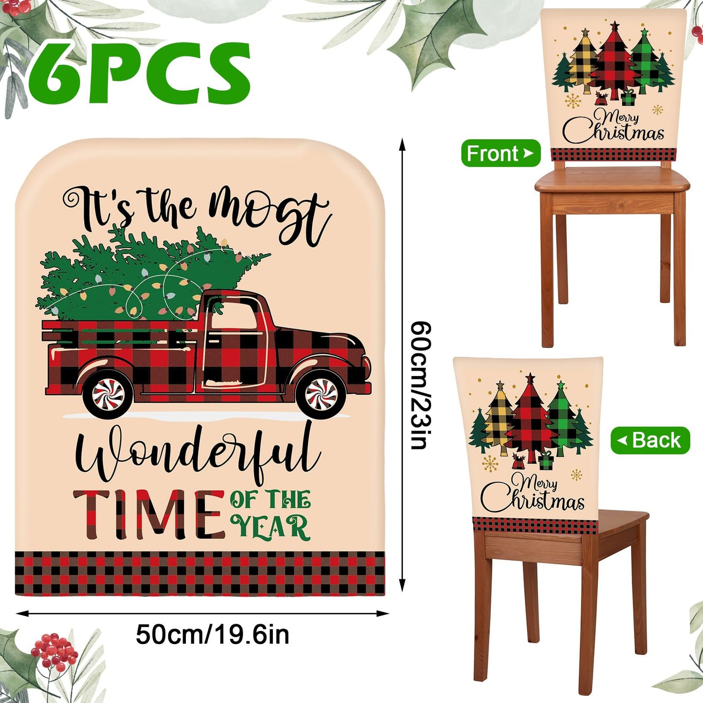 Ganeen 6 Pcs Christmas Chair Cover Buffalo Plaid Dining Chair Santa Claus Hat Shoes Felt Slipcovers Merry Christmas Back Covers for Banquet Kitchen Holiday Party Decoration(Vibrant Style)