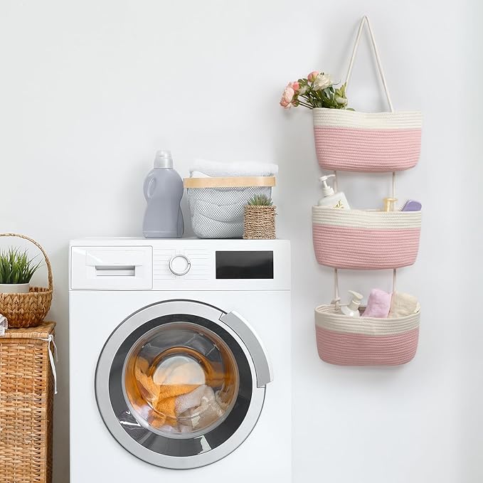 TeoKJ Over the Door Organizer, 3-Tier Woven Cotton Hanging Kitchen Baskets
