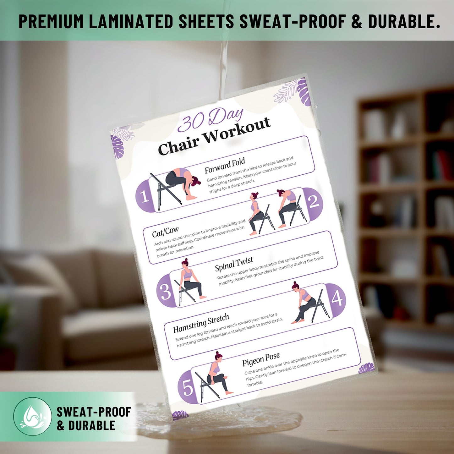 Chair Yoga Poster for Seniors & Beginners - Set of 6 Laminated Workout Posters - Gentle Seated Exercises for Stiffness, Joint Pain & Stress Relief - Easy to Follow 30-Day Challanges Home Workout Guide